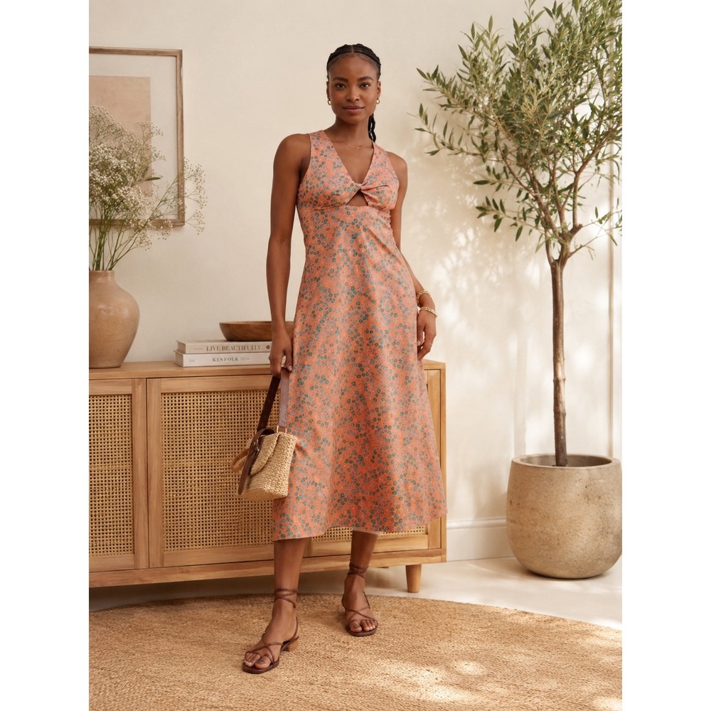 Madewell Stephanie Twist-Front Floral Midi Dress Orange Cotton Womens Size 14